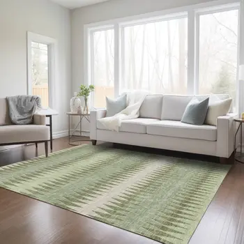 3' X 5' Artichoke Green And Light Green Striped Washable Indoor Outdoor Area Rug