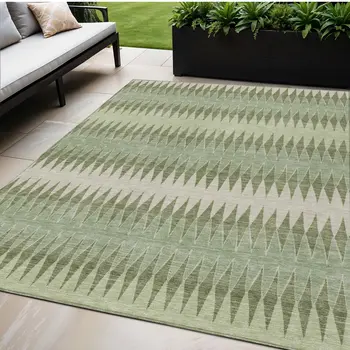 5' X 8' Artichoke Green And Light Green Striped Washable Indoor Outdoor Area Rug