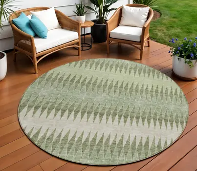 8' Artichoke Green And Light Green Round Striped Washable Indoor Outdoor Area Rug