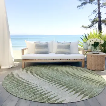 8' Artichoke Green And Light Green Round Striped Washable Indoor Outdoor Area Rug