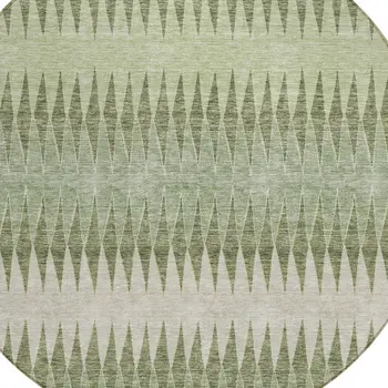 8' Artichoke Green And Light Green Round Striped Washable Indoor Outdoor Area Rug