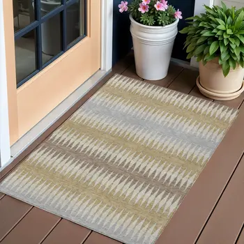3' X 5' Beige Gray And Brown Striped Washable Indoor Outdoor Area Rug