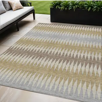 5' X 8' Beige Gray And Brown Striped Washable Indoor Outdoor Area Rug