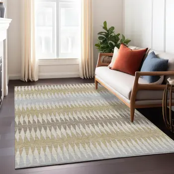 9' X 12' Beige Gray And Brown Striped Washable Indoor Outdoor Area Rug