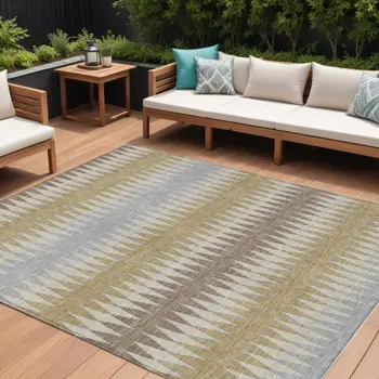 10' X 14' Beige Gray And Brown Striped Washable Indoor Outdoor Area Rug