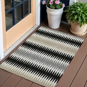 3' X 5' Black Gray And Beige Striped Washable Indoor Outdoor Area Rug