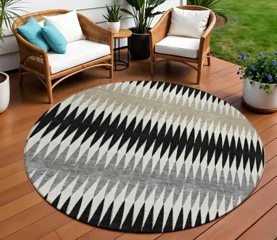 8' Black Gray And Beige Round Striped Washable Indoor Outdoor Area Rug
