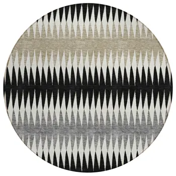 8' Black Gray And Beige Round Striped Washable Indoor Outdoor Area Rug