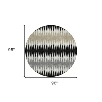 8' Black Gray And Beige Round Striped Washable Indoor Outdoor Area Rug