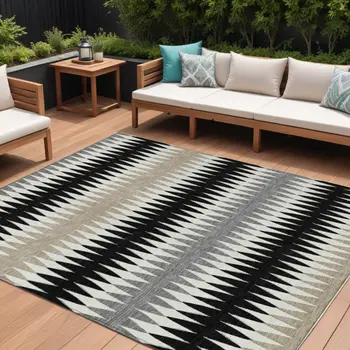 8' X 10' Black Gray And Beige Striped Washable Indoor Outdoor Area Rug