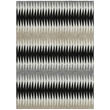 9' X 12' Black Gray And Beige Striped Washable Indoor Outdoor Area Rug