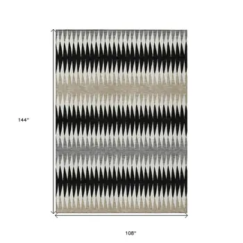 9' X 12' Black Gray And Beige Striped Washable Indoor Outdoor Area Rug