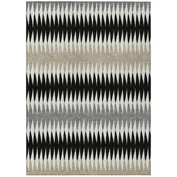 9' X 12' Black Gray And Beige Striped Washable Indoor Outdoor Area Rug
