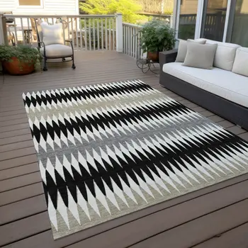 10' X 14' Black Gray And Beige Striped Washable Indoor Outdoor Area Rug
