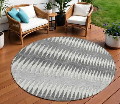 8' Gray And Ivory Round Striped Washable Indoor Outdoor Area Rug