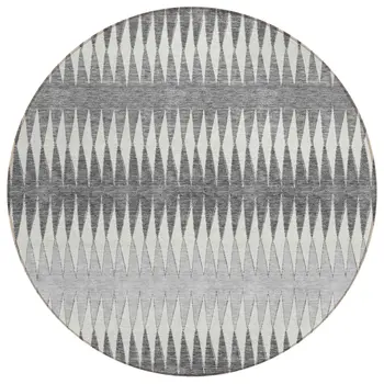 8' Gray And Ivory Round Striped Washable Indoor Outdoor Area Rug