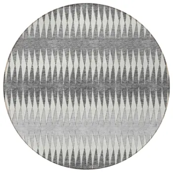 8' Gray And Ivory Round Striped Washable Indoor Outdoor Area Rug