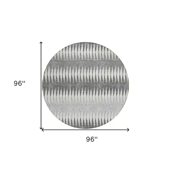 8' Gray And Ivory Round Striped Washable Indoor Outdoor Area Rug