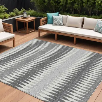 9' X 12' Gray And Ivory Striped Washable Indoor Outdoor Area Rug