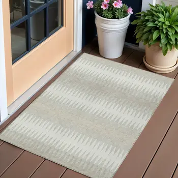 3' X 5' Ivory And Gray Striped Washable Indoor Outdoor Area Rug