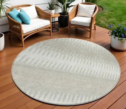 8' Ivory And Gray Round Striped Washable Indoor Outdoor Area Rug