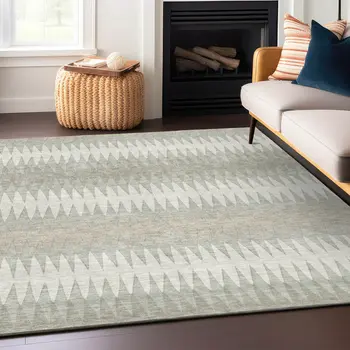 10' X 14' Ivory And Gray Striped Washable Indoor Outdoor Area Rug