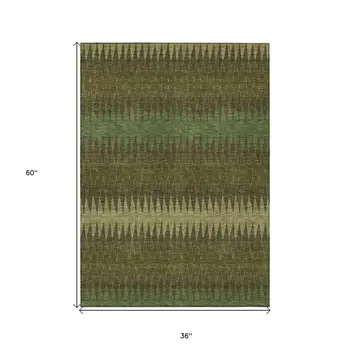3' X 5' Olive Green And Dark Green Striped Washable Indoor Outdoor Area Rug