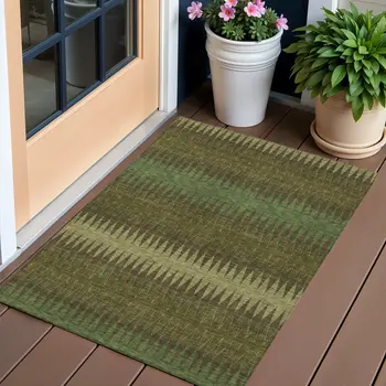 3' X 5' Olive Green And Dark Green Striped Washable Indoor Outdoor Area Rug
