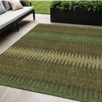 5' X 8' Olive Green And Dark Green Striped Washable Indoor Outdoor Area Rug