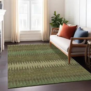 5' X 8' Olive Green And Dark Green Striped Washable Indoor Outdoor Area Rug