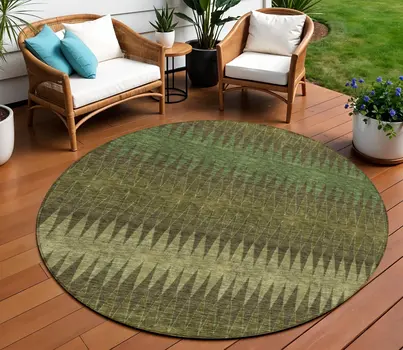 8' Olive Green And Dark Green Round Striped Washable Indoor Outdoor Area Rug