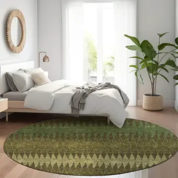 8' Olive Green And Dark Green Round Striped Washable Indoor Outdoor Area Rug