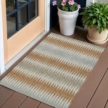 3' X 5' Orange Gray And Beige Striped Washable Indoor Outdoor Area Rug
