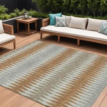 10' X 14' Orange Gray And Beige Striped Washable Indoor Outdoor Area Rug