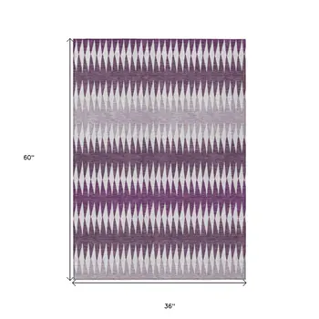 3' X 5' Purple And Ivory Striped Washable Indoor Outdoor Area Rug