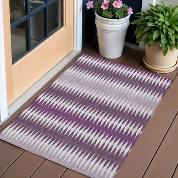 3' X 5' Purple And Ivory Striped Washable Indoor Outdoor Area Rug