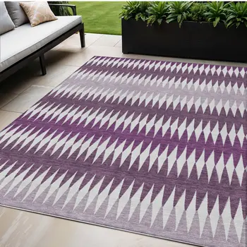 5' X 8' Purple And Ivory Striped Washable Indoor Outdoor Area Rug