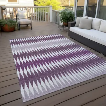 5' X 8' Purple And Ivory Striped Washable Indoor Outdoor Area Rug