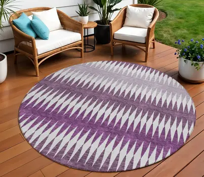 8' Purple And Ivory Round Striped Washable Indoor Outdoor Area Rug