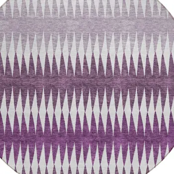 8' Purple And Ivory Round Striped Washable Indoor Outdoor Area Rug