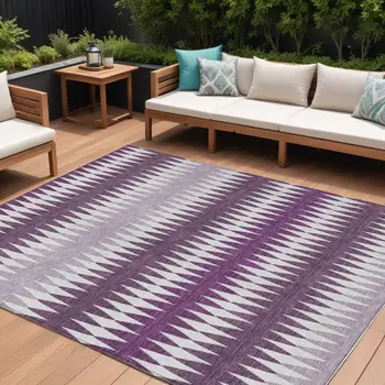 9' X 12' Purple And Ivory Striped Washable Indoor Outdoor Area Rug