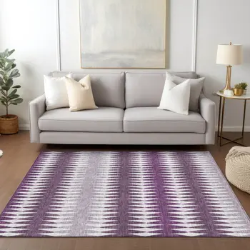 9' X 12' Purple And Ivory Striped Washable Indoor Outdoor Area Rug