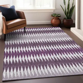 10' X 14' Purple And Ivory Striped Washable Indoor Outdoor Area Rug