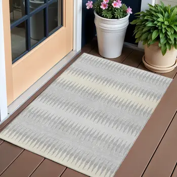 3' X 5' Silver Gray And Ivory Striped Washable Indoor Outdoor Area Rug