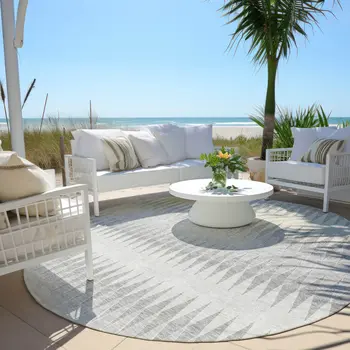 8' Silver Gray And Ivory Round Striped Washable Indoor Outdoor Area Rug