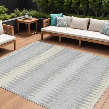 9' X 12' Silver Gray And Ivory Striped Washable Indoor Outdoor Area Rug