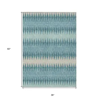 3' X 5' Teal Blue Aqua And Ivory Striped Washable Indoor Outdoor Area Rug