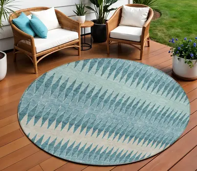 8' Teal Blue Aqua And Ivory Round Striped Washable Indoor Outdoor Area Rug