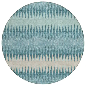 8' Teal Blue Aqua And Ivory Round Striped Washable Indoor Outdoor Area Rug