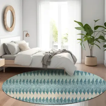 8' Teal Blue Aqua And Ivory Round Striped Washable Indoor Outdoor Area Rug